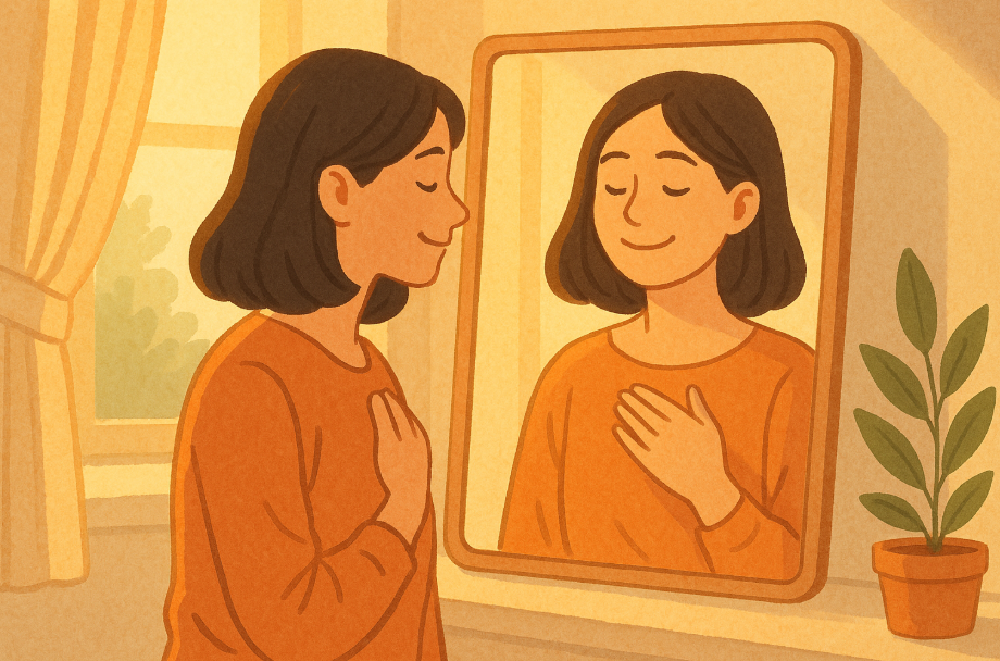 거울 앞에서 평온한 미소를 짓고 있는 사람