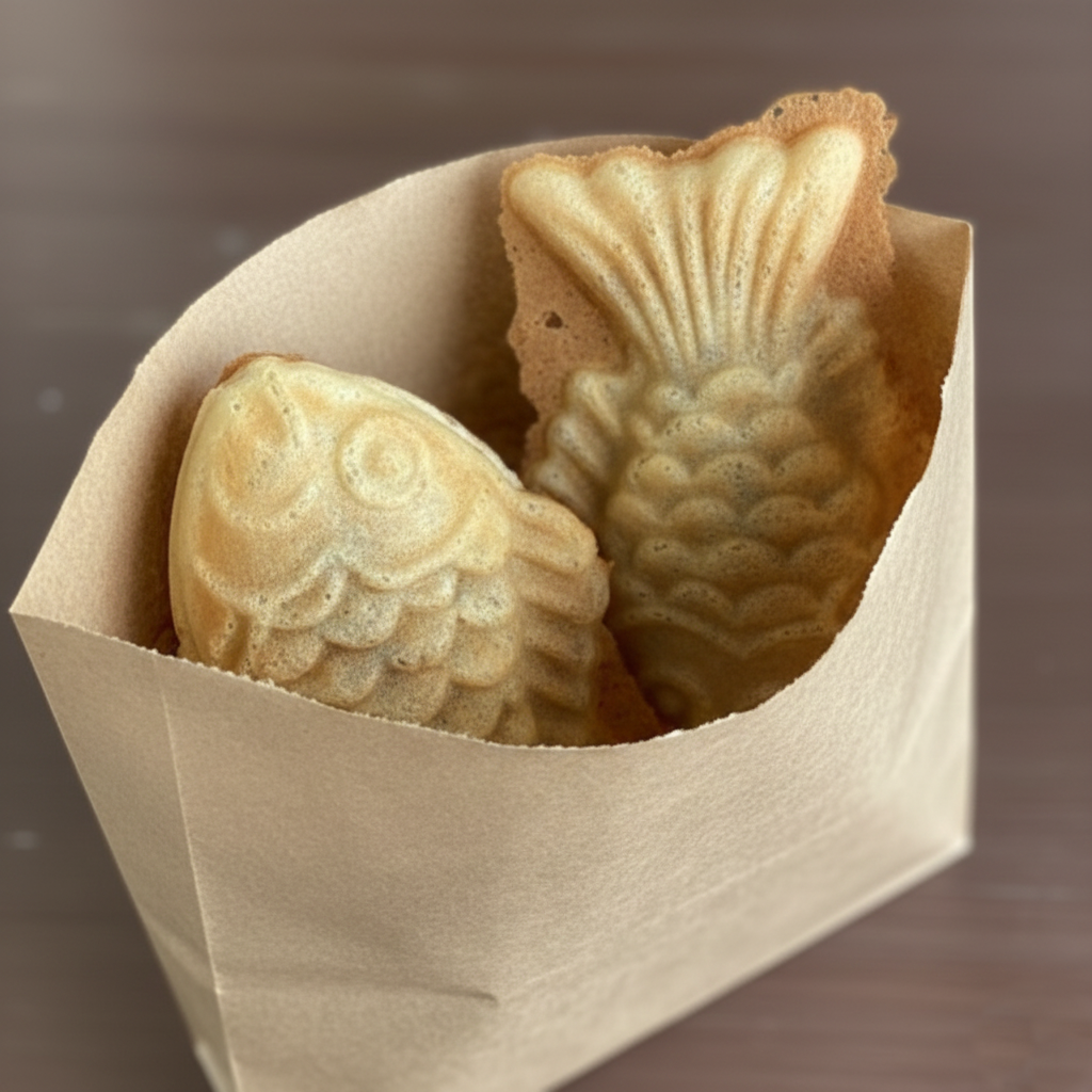 바삭하게 구워진 황금빛 붕어빵(타이야키)의 모습.