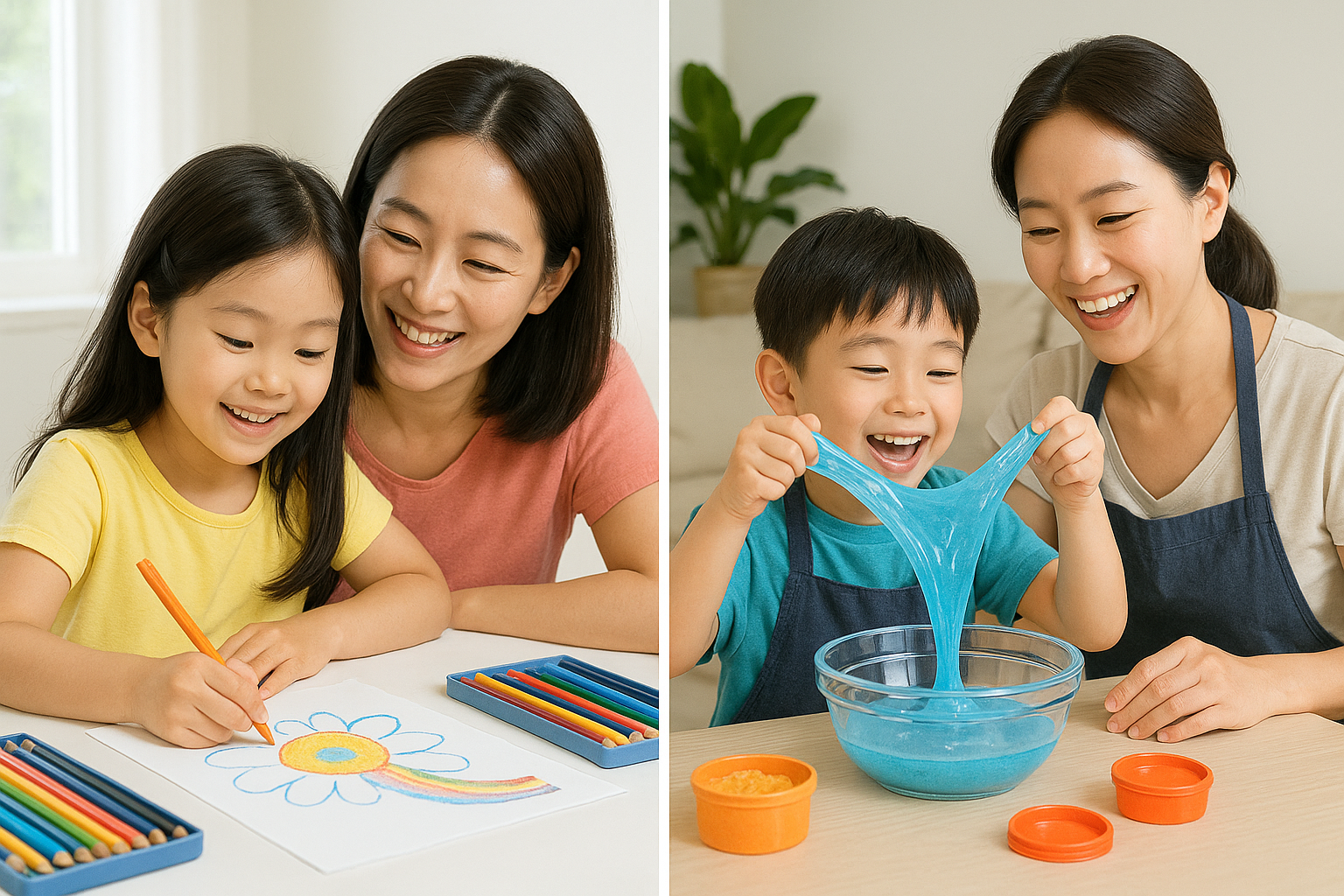 어린이가 엄마와 함께 색칠놀이와 슬라임 만들기를 하며 창의력을 키우는 여름방학 집콕 활동