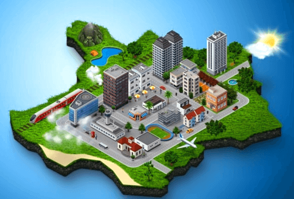 작은 섬 위에 빌딩들이 가득하다. 회사가 많은 빌딩숲 풍경이다.