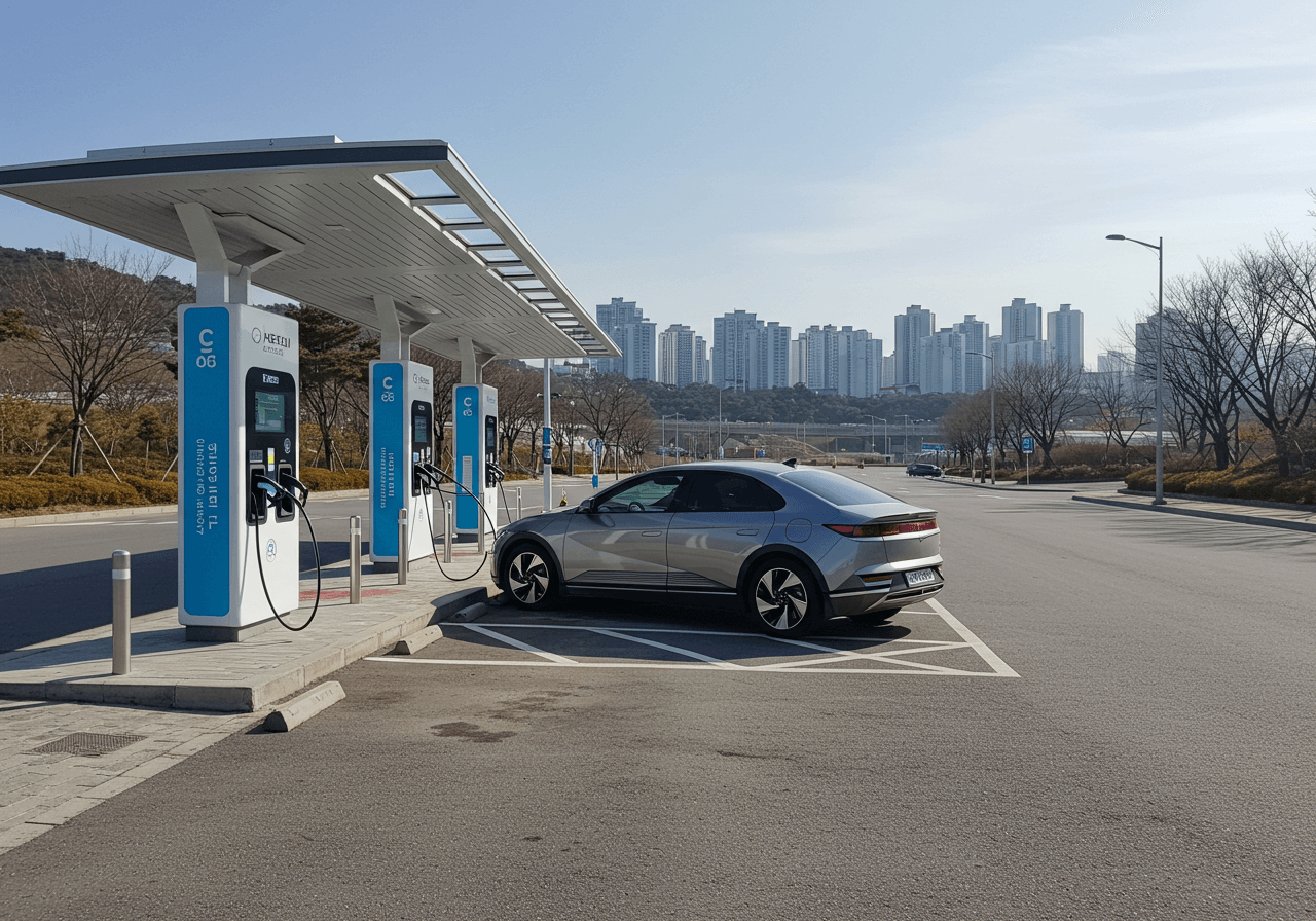 전기차 충전소에서 충전 중인 차량 모습