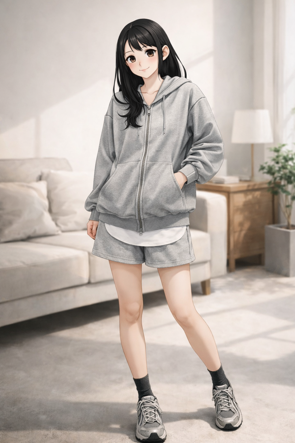 K-Fashion Gray Hoodie And Two Way Shorts Set With Relaxed Daily Look