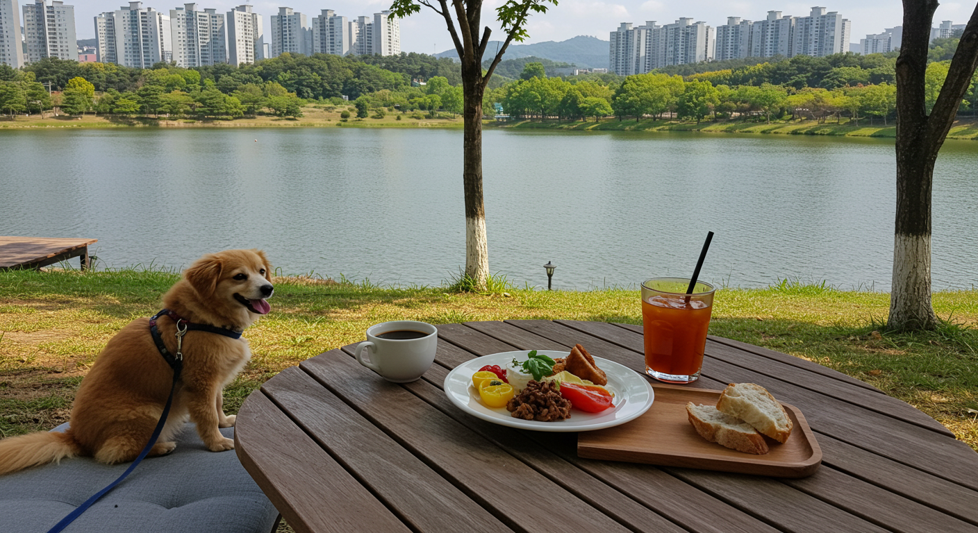 춘천 호수뷰 브런치 카페 야외석에서 반려견과 식사하는 한국인