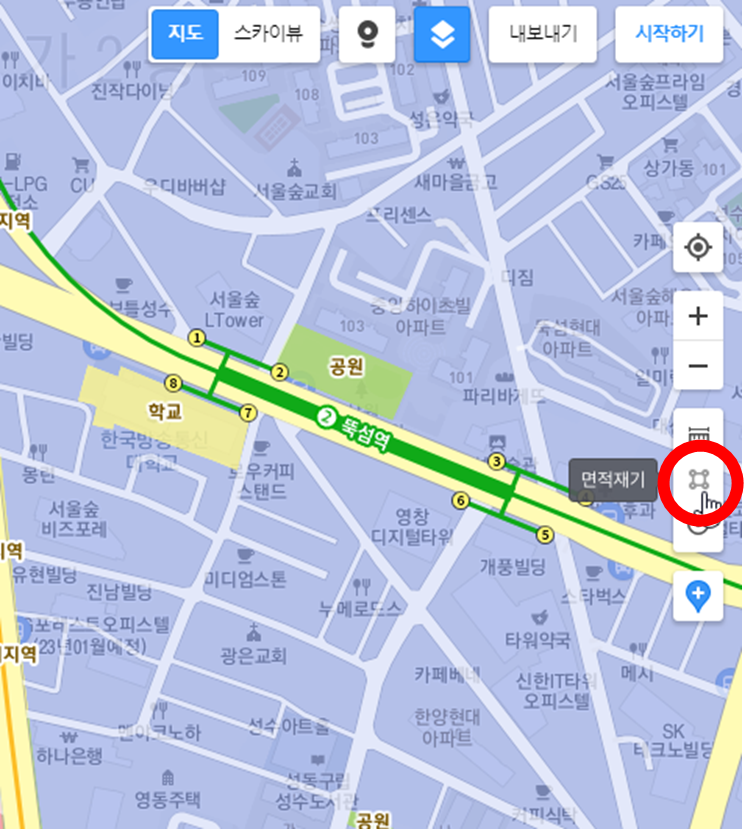 카카오맵-면적재기-버튼위치