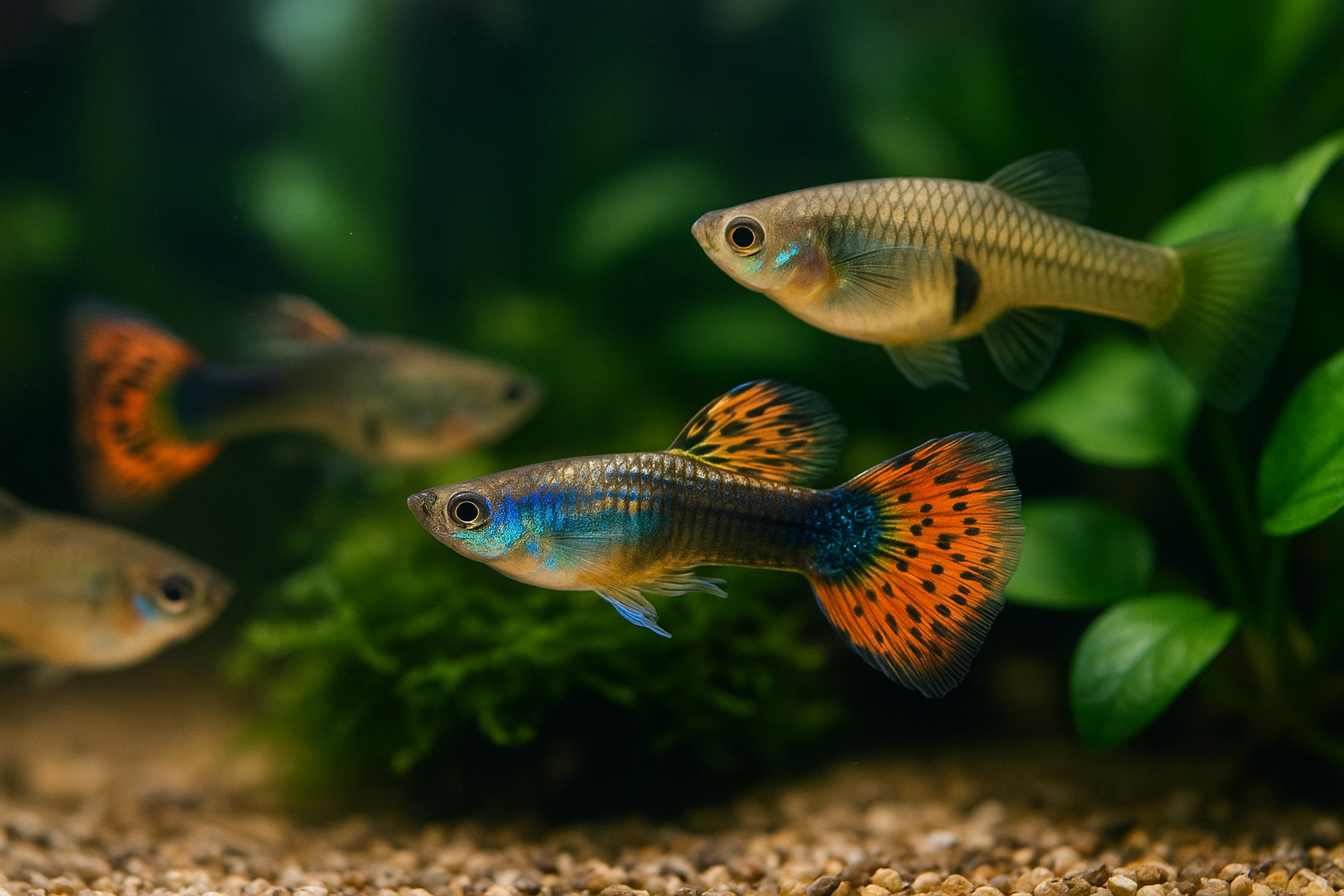 다채로운 색의 구피 수컷과 암컷이 녹색 수초 사이를 유영하는 실제 사진 느낌의 아쿠아리움 장면