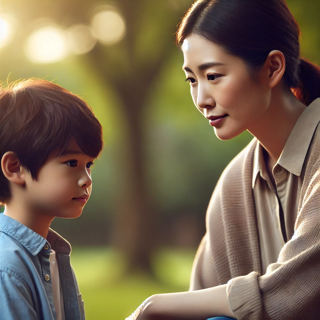 공원에서 부모가 아이의 말을 경청하는 모습