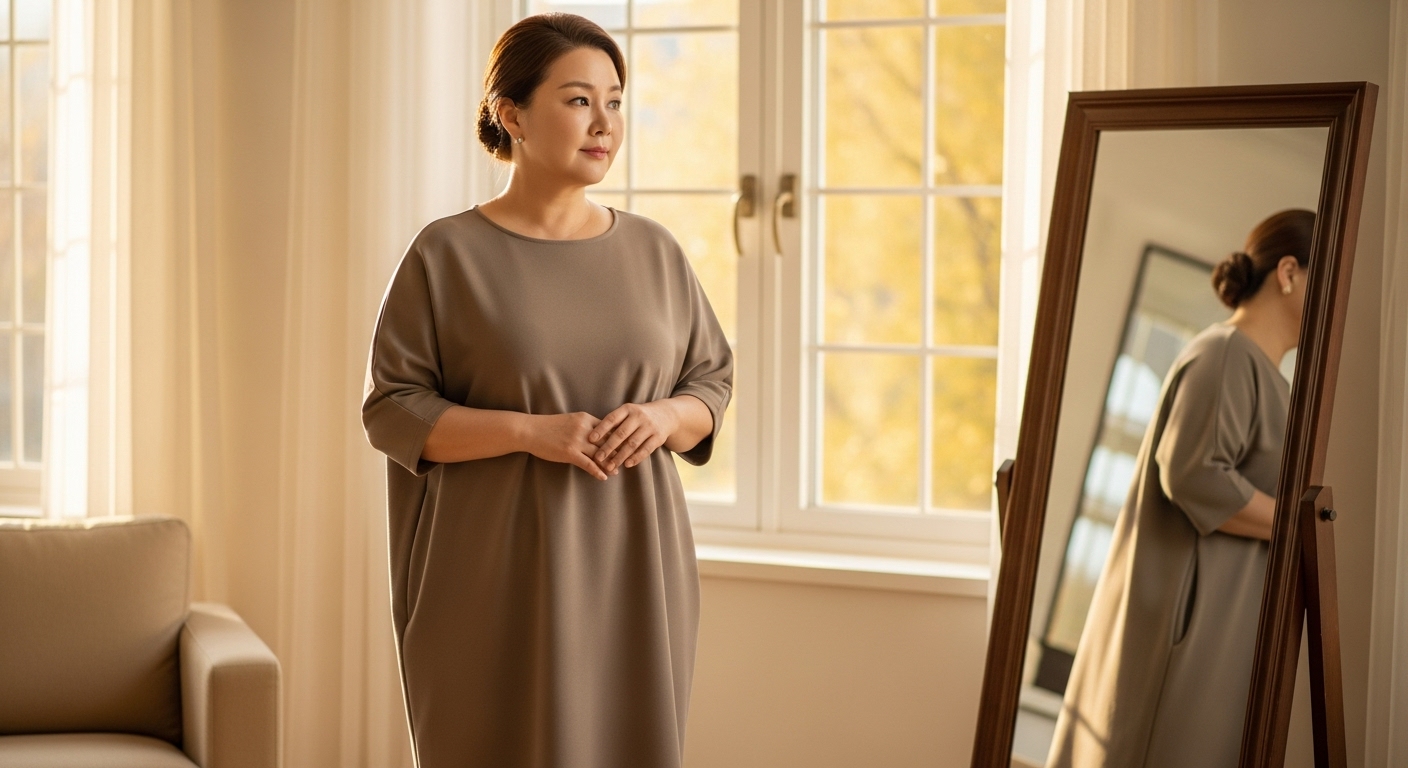 거울 앞에 서 있는 통통한 중년 여성