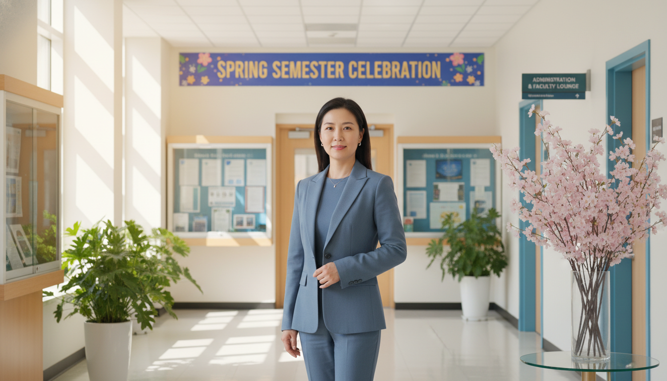 블루 그레이 톤의 고급스러운 셋업 수트를 입고 학교 복도에 서 있는 세련된 30대 여성 학부모의 모습