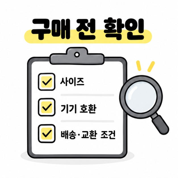 사이즈와 기기 호환, 배송·교환 조건을 확인하는 체크리스트와 돋보기 그림