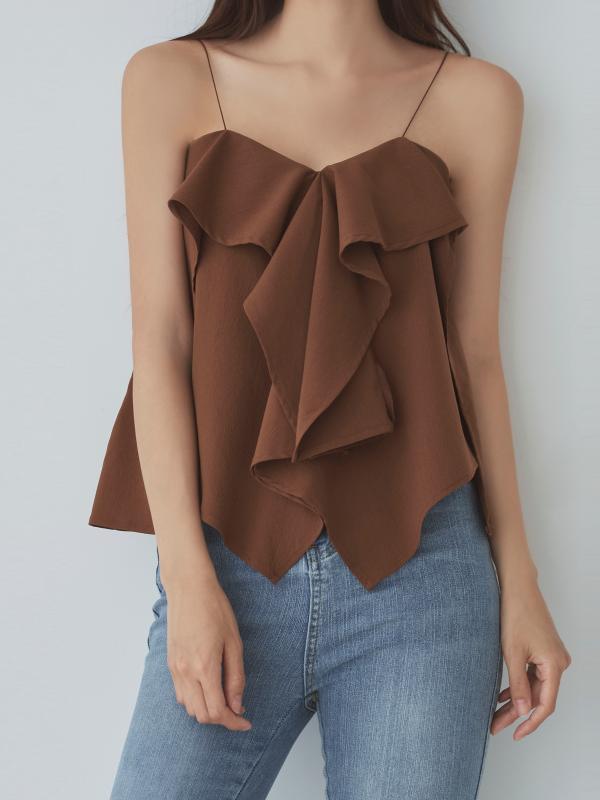 리틀마켓 브이넥 프릴 끈나시 셔링 플레어 민소매 블라우스 BG15B2