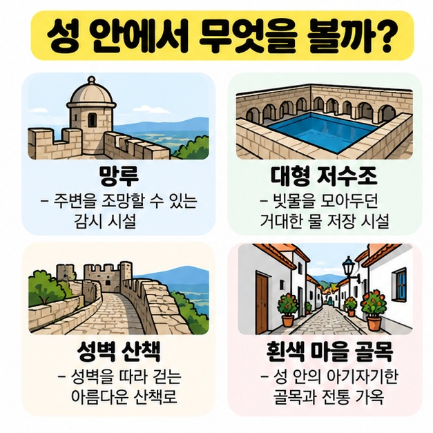 망루와 저수조, 성벽 산책, 흰색 마을 골목을 네 가지 볼거리로 정리한 카드