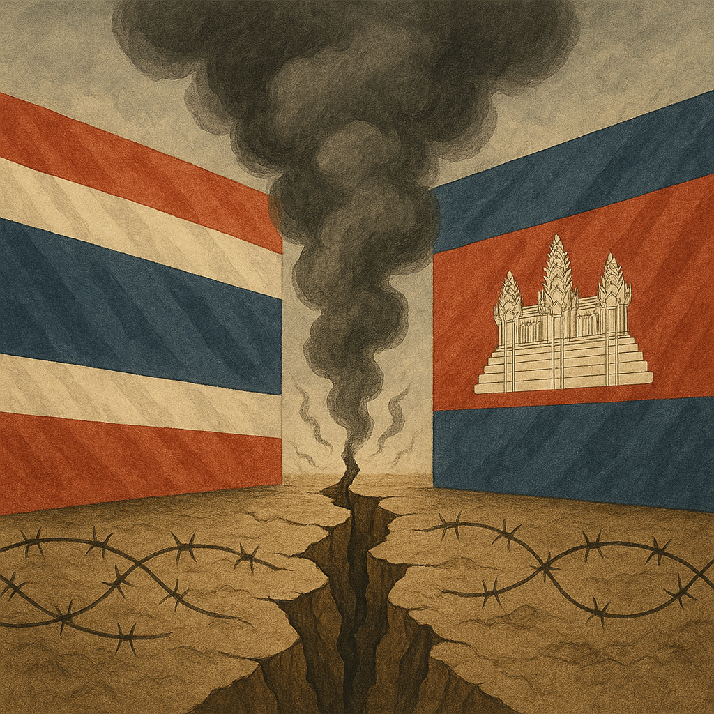 국경 지대에서 연기가 피어오르는 모습과 양국의 국기가 갈라져 있는 그래픽 이미지