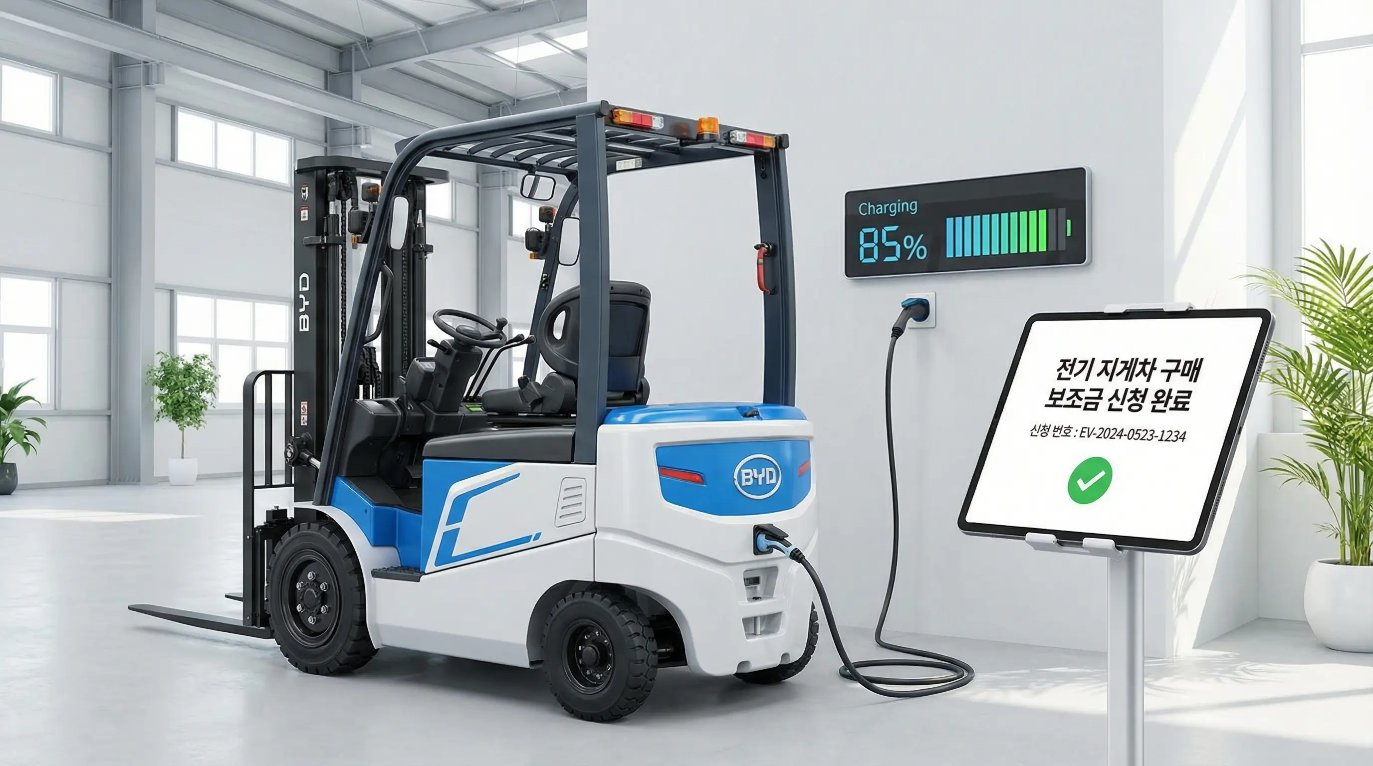 깨끗한 신형 전기 지게차가 충전되고 있는 모습과 보조금 신청 완료 화면이 띄워진 태블릿