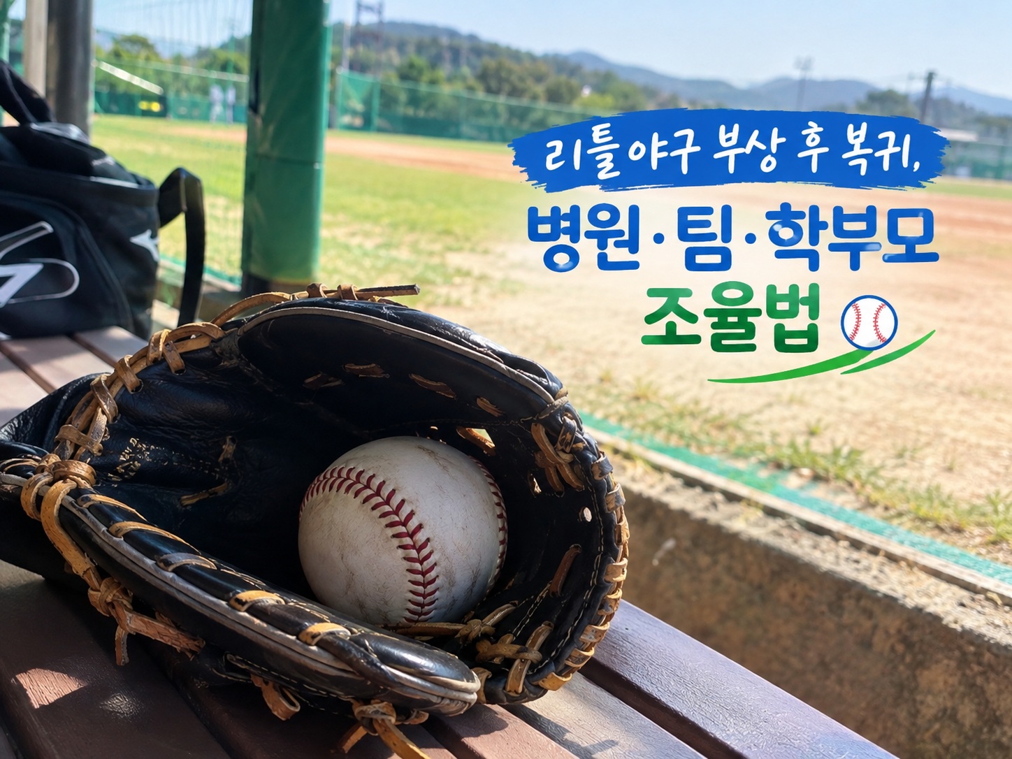 야구장 벤치 위에 놓인 글러브 안에 야구공이 들어 있는 모습, 리틀야구 부상 후 복귀를 상징하는 사진