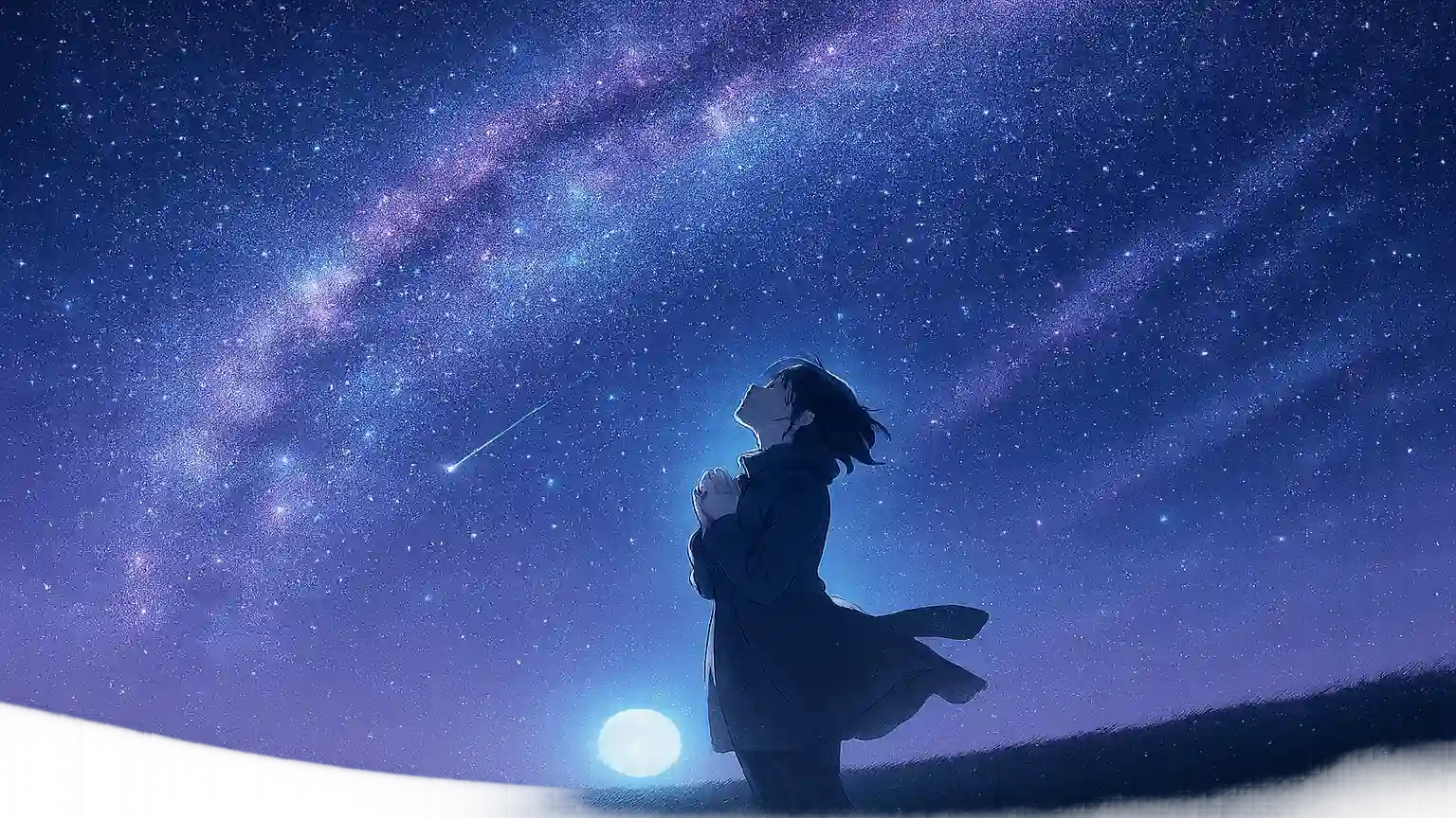 밤하늘 가득한 별들을 올려다보는 사람의 실루엣이 담긴 경외감 넘치는 이미지
