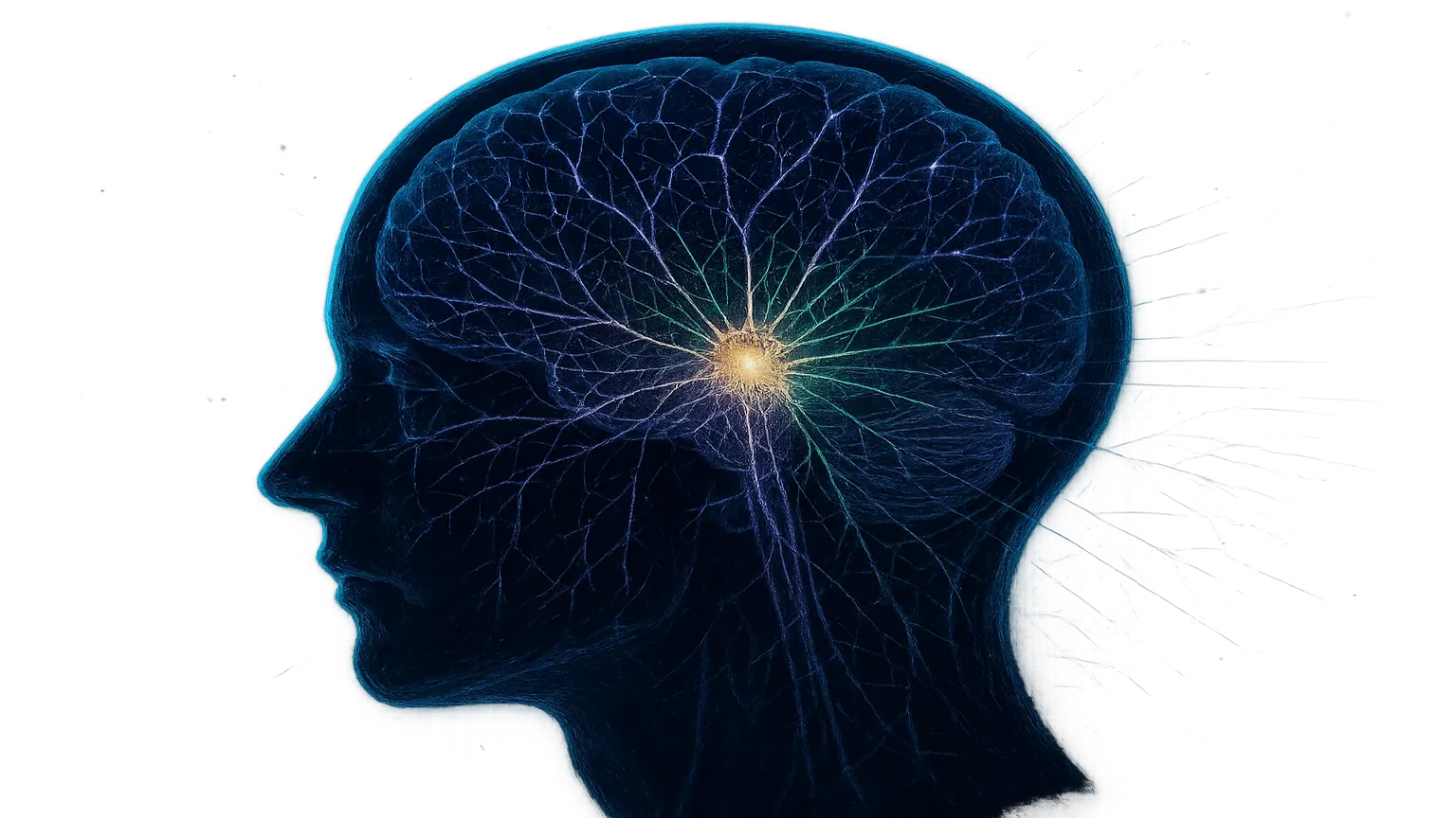 뇌 속 신경망이 연결되며 메타인지가 활성화되는 모습을 보여주는 과학적 일러스트