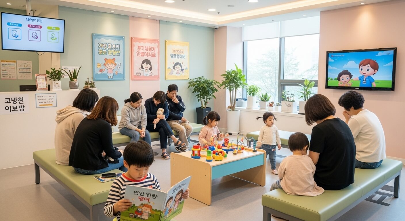 소아과 대기실에서 대기중인 아이들과 보호자