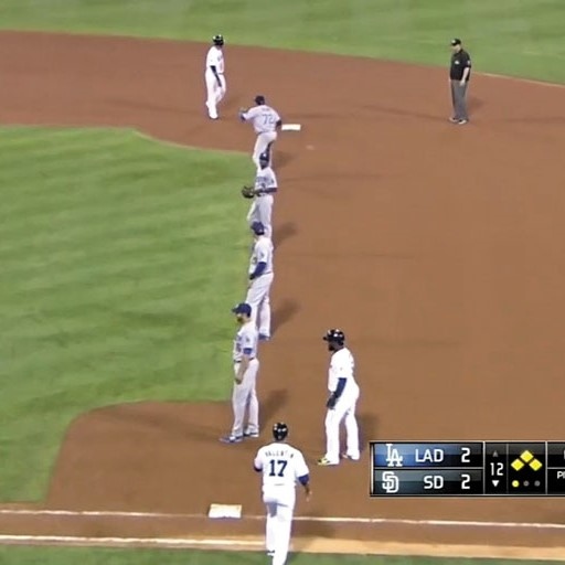 극단적인 수비 시프트 사례, 1루수 2루수 3루수 유격수가 모두 1루와 2루 사이에 있다.