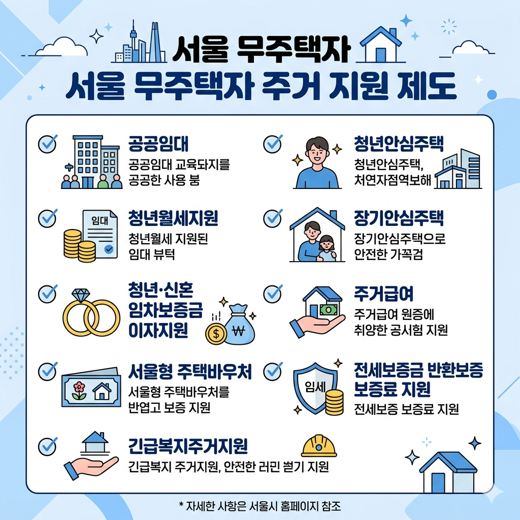 서울 무주택자 주거 지원 제도 공공임대&middot;청년월세&middot;장기안심주택 인포그래픽