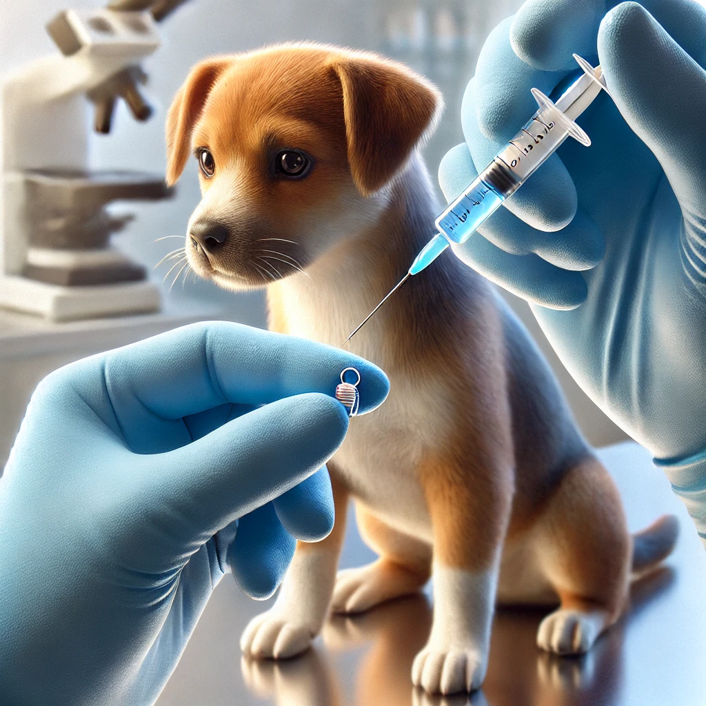 강아지 한마리가 등록 내장칩을 심기 위해 기다리고 있고 의사가 주사를 준비하고 있음