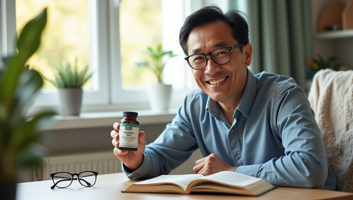 50대 아시아 남성이 돋보기를 쓰고 눈 건강 영양제를 들며 밝게 웃고 있는 사진