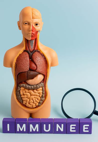 인체 상반신 모형이 왼쪽에 배치되어 있고, 오른쪽에는 “IMMUNE”이라는 단어가 보라색 큐브로 배열되어 있는 장면