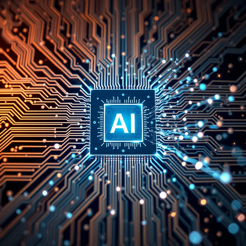 복잡한 회로 기판을 배경으로 빛나는 추상적인 AI 칩이나 신경망 형태의 이미지가 중앙에 배치되어 있습니다. 주변에는 데이터를 상징하는 디지털 입자들이 빠르게 움직이며 미래지향적인 느낌을 줍니다.