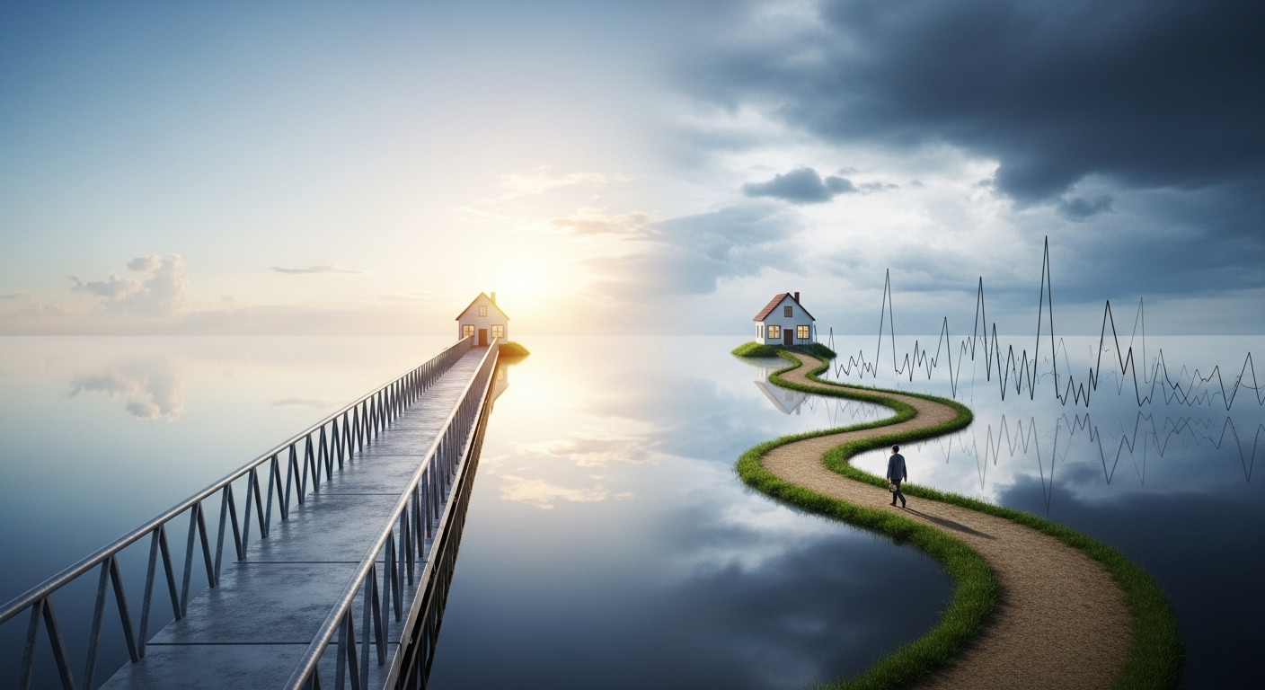 고정금리(안정적인 다리)와 변동금리(변화하는 길)의 장단점을 시각적으로 비교하는 이미지.