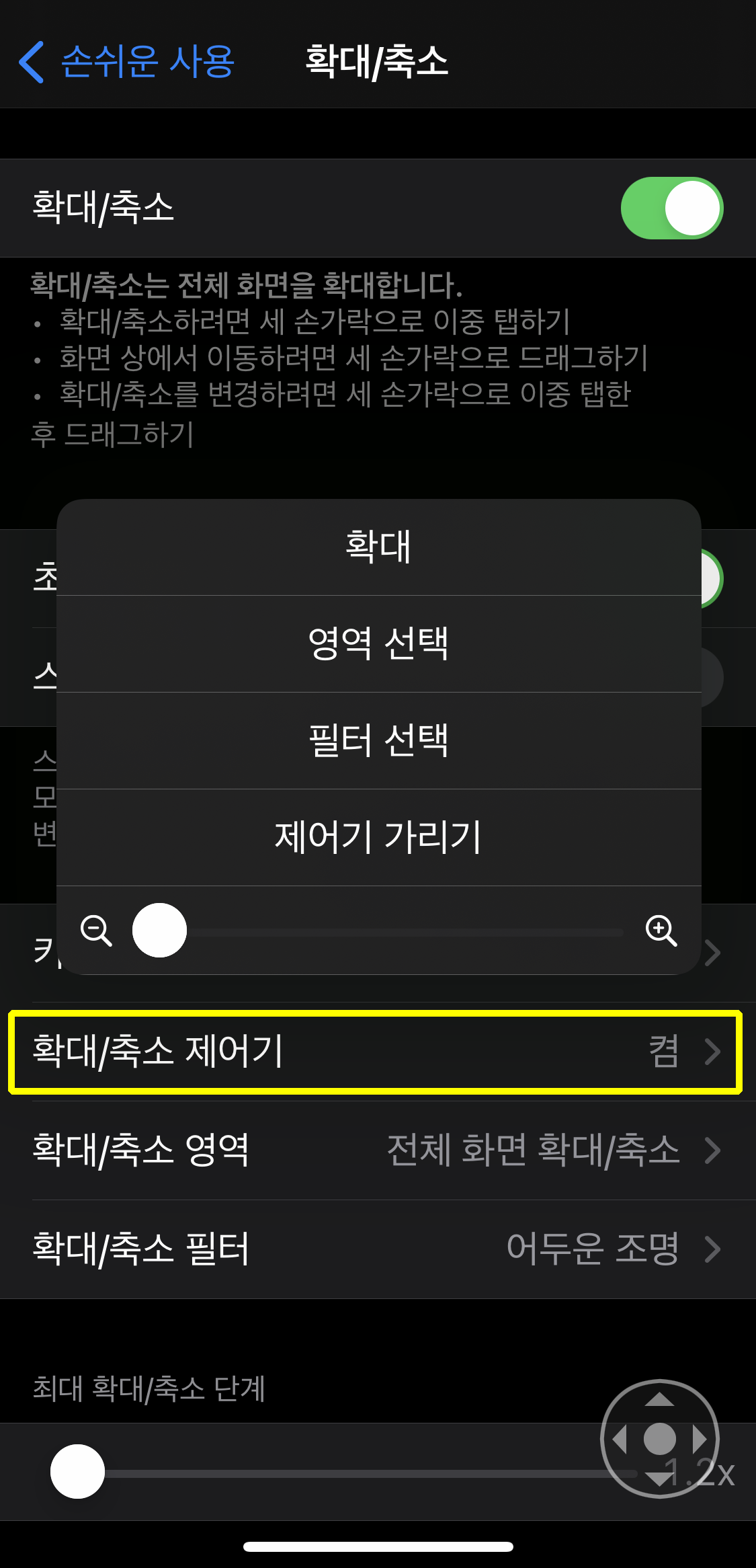 손쉬운 사용 확대/축소 제어기 가리기