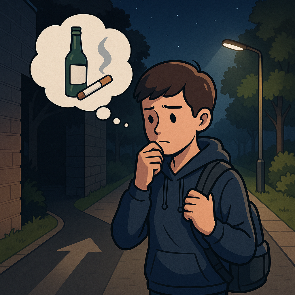 술과 담배를 고민하는 학생의 이미지