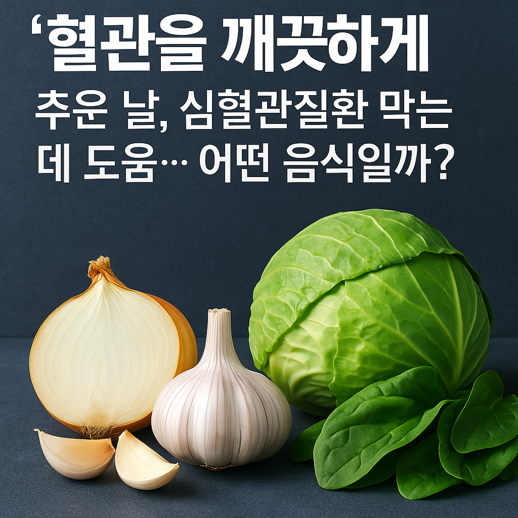 혈관 건강에 좋은 양파·마늘·양배추·시금치를 강조한 건강 정보 썸네일 이미지