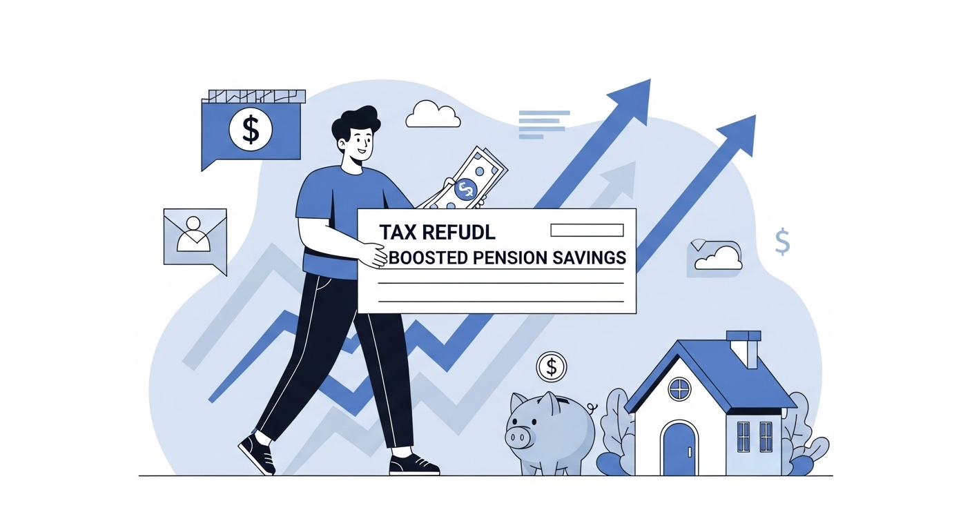 연금저축 가입으로 인해 연말정산 환급금이 늘어나 기뻐하는 사람의 모습. 저축과 재정적 안정, 그리고 성공적인 연말정산을 시각적으로 표현합니다.