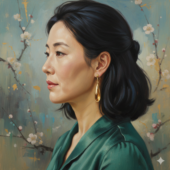 골드 드롭 귀걸이를 착용한 여성의 옆모습