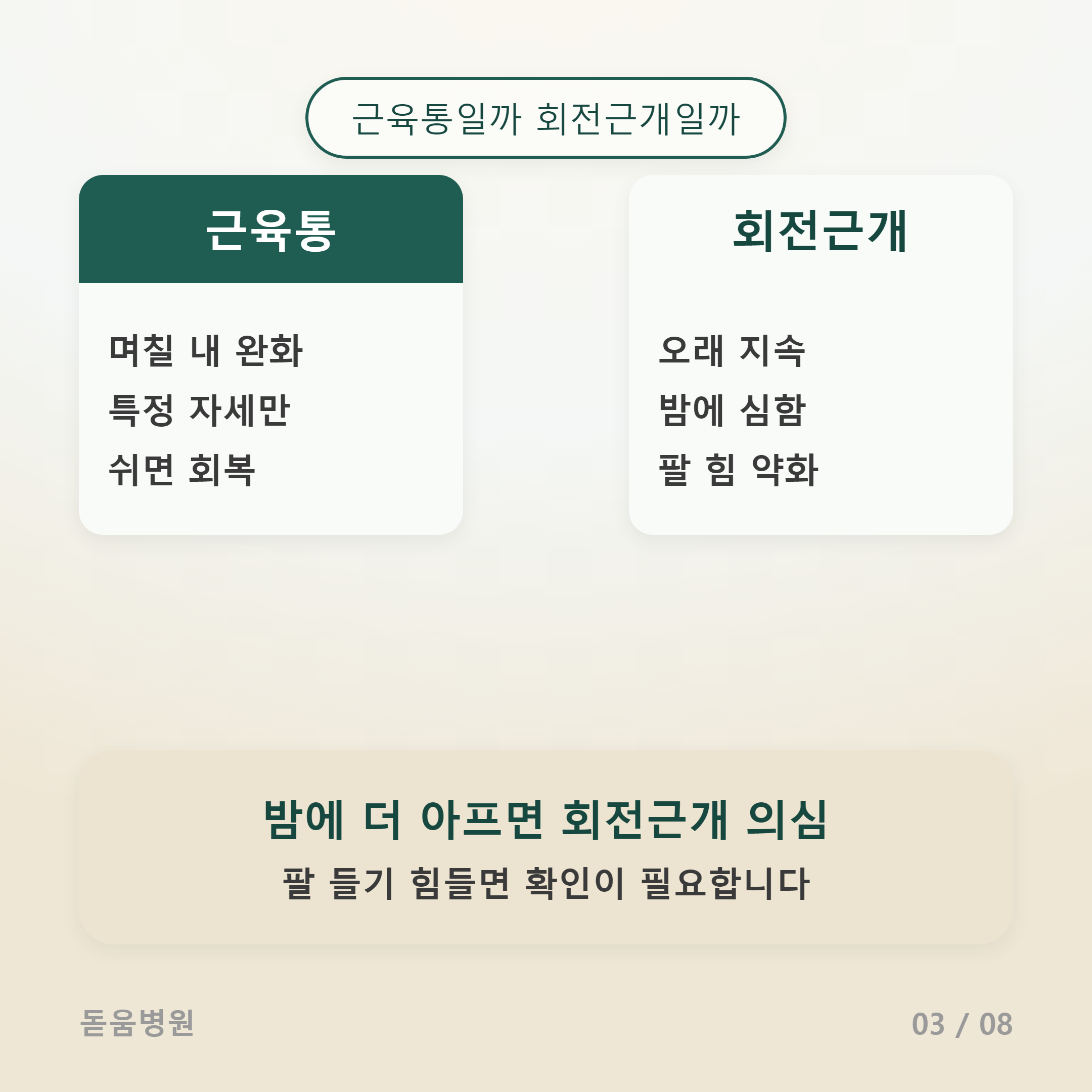 단순 근육통과 회전근개 문제 비교표, 근육통은 며칠 내 완화&middot;회전근개는 밤에 통증 심화