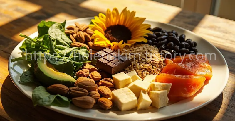 싱싱한 채소, 견과류, 연어, 아보카도 등이 놓인 모습