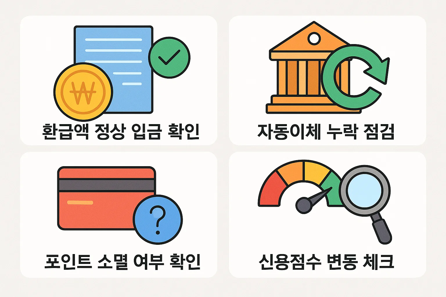 신용카드 해지 이후 환급액이 정상 입금되었는지, 자동이체 누락 여부, 포인트 소멸 확인, 신용점수 변동 등을 2025년 기준 최신 체크리스트로 정리한 인포그래픽