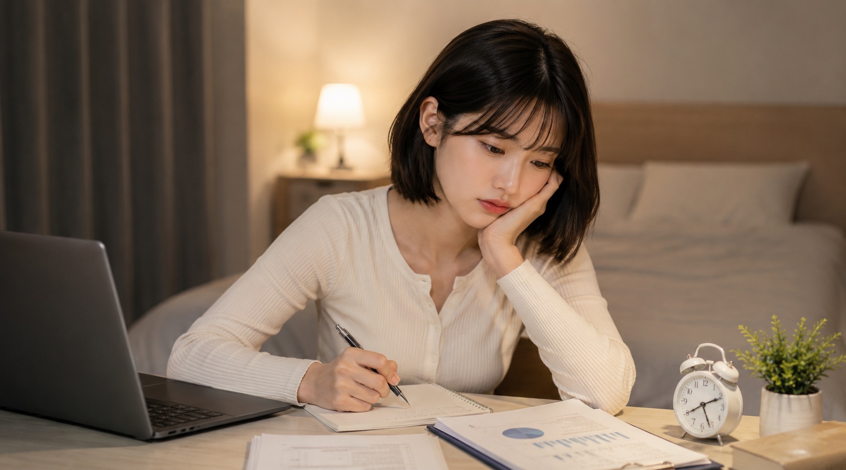수면 패턴과 피로감을 기록하며 RDI 수치를 고민하는 젊은 여성 모습