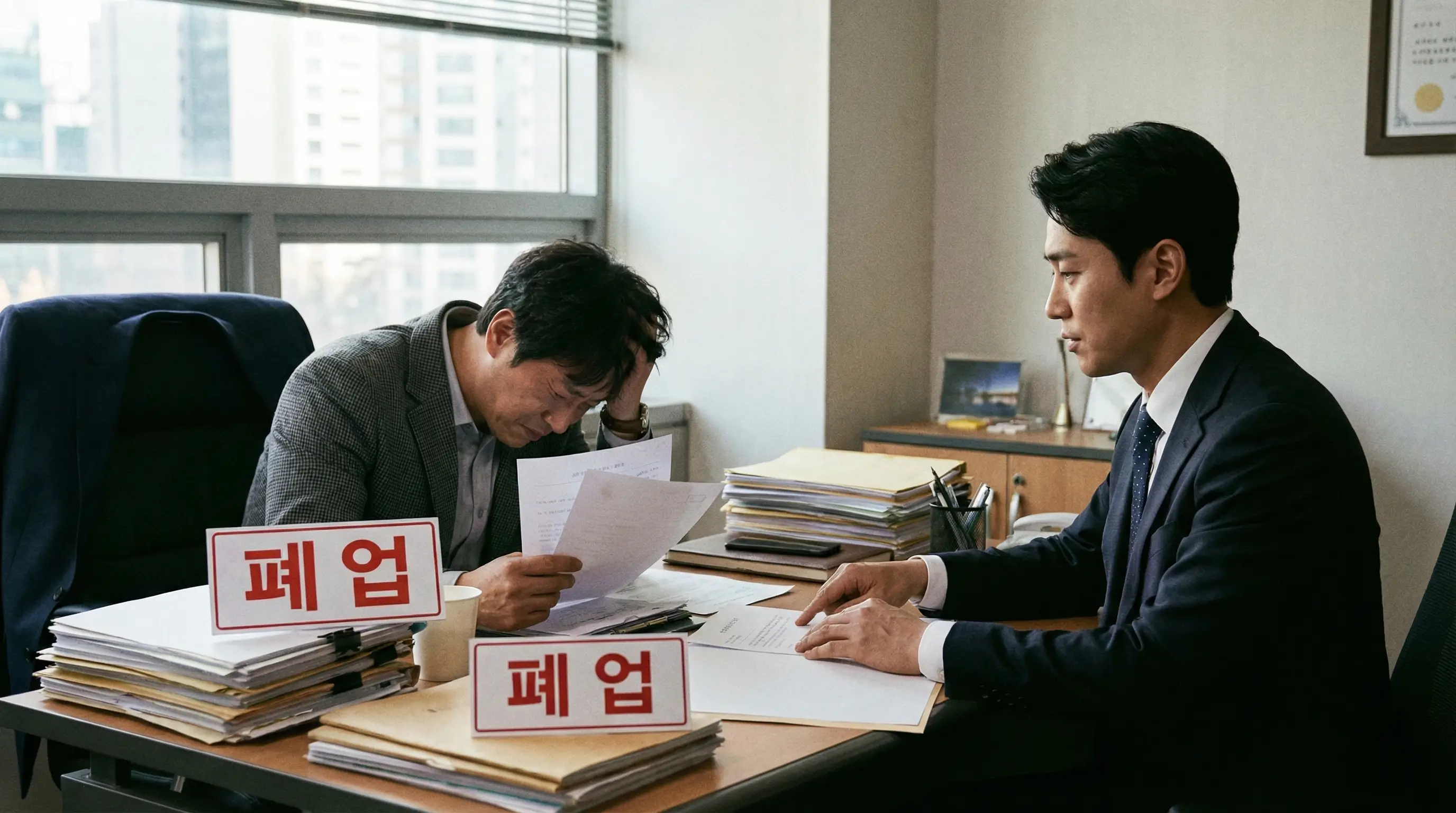 폐업한 법인의 대출금 독촉장을 받고 괴로워하는 대표이사와 법률적 해결책을 제시하는 변호사의 모습
