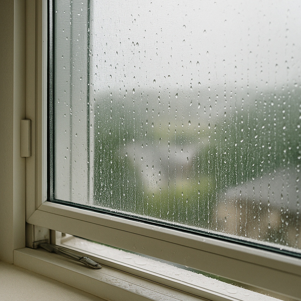 살짝 열린 창문 방충망에 빗방울이 맺힌 모습, 흐릿하게 보이는 바깥 풍경