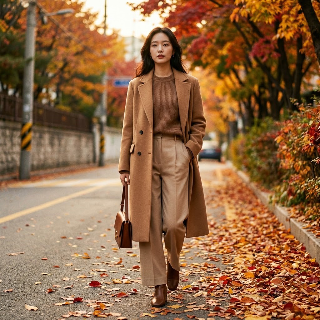 Full body shot of a Korean woman in a complete tone-on-tone autumn outfit combining camel, brown and beige layers, walking on a tree-lined street with autumn leaves, warm cinematic lighting, editorial fashion photography