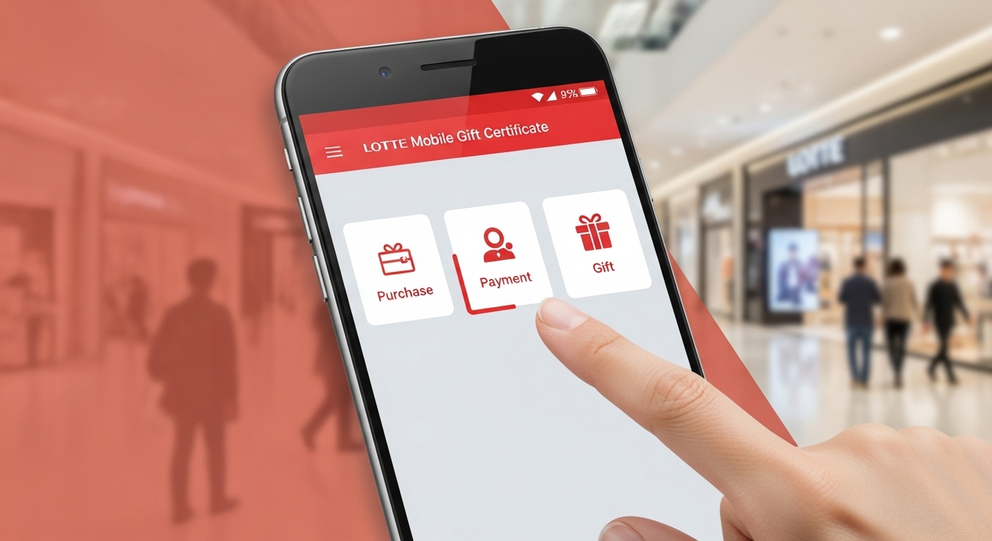 롯데 모바일상품권 앱 화면이 보이는 스마트폰. 구매, 결제, 선물 아이콘이 명확하게 보인다. 모바일 상품권의 편리한 기능을 상징한다.