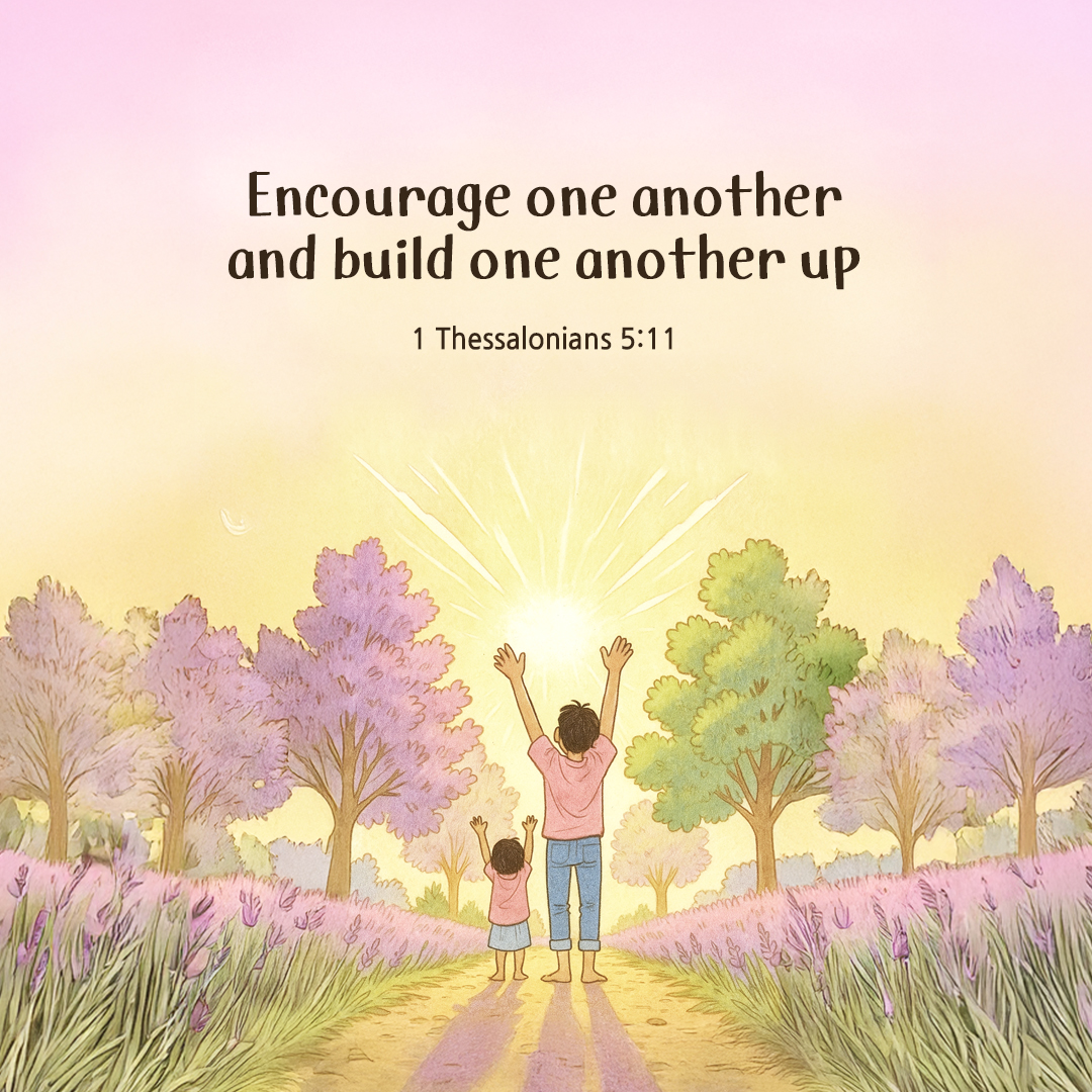Encourage one another and build one another up. (1 Thessalonians 5:11) by pieonane Daily Bible quote image