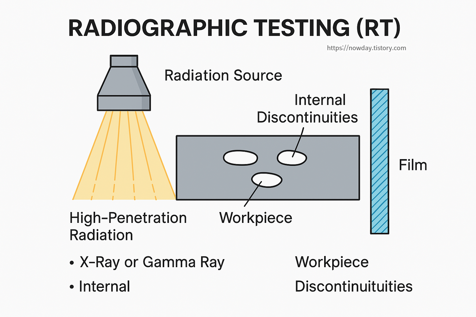 Digital illustration showing the RT (Radiographic Testing) process in non-destructive inspection, including the radiation source, workpiece, and film detecting internal flaws