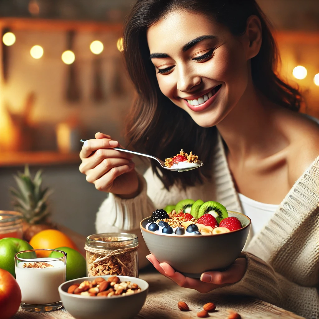 숙면에 좋은 음식(견과류, 과일, 시리얼)을 먹는 여성