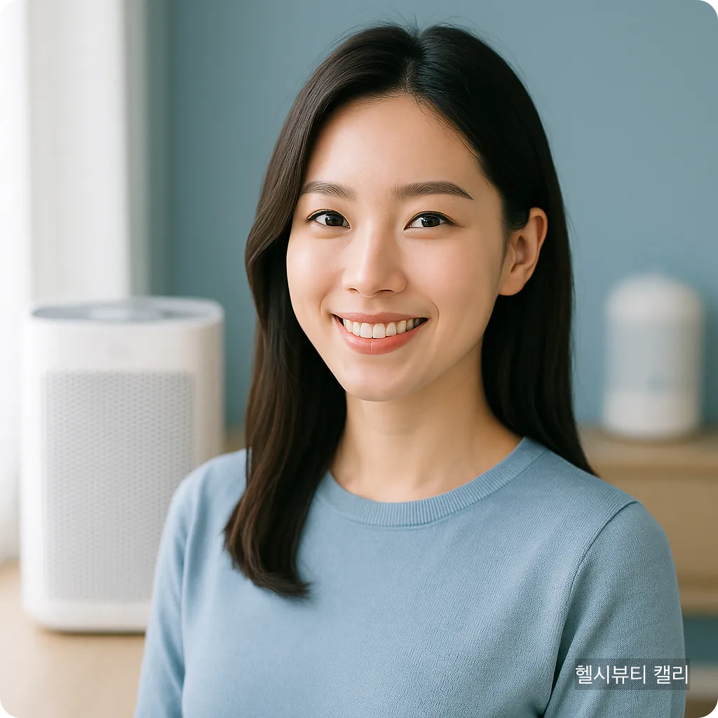 공기청정기 앞에서 환하게 웃는 20대 여성의 클로즈업 이미지