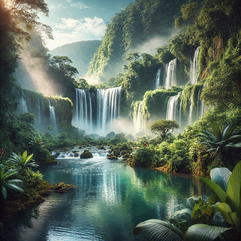 맑은 물줄기가 내려오는 베트남 폭포의 아름다운 풍경