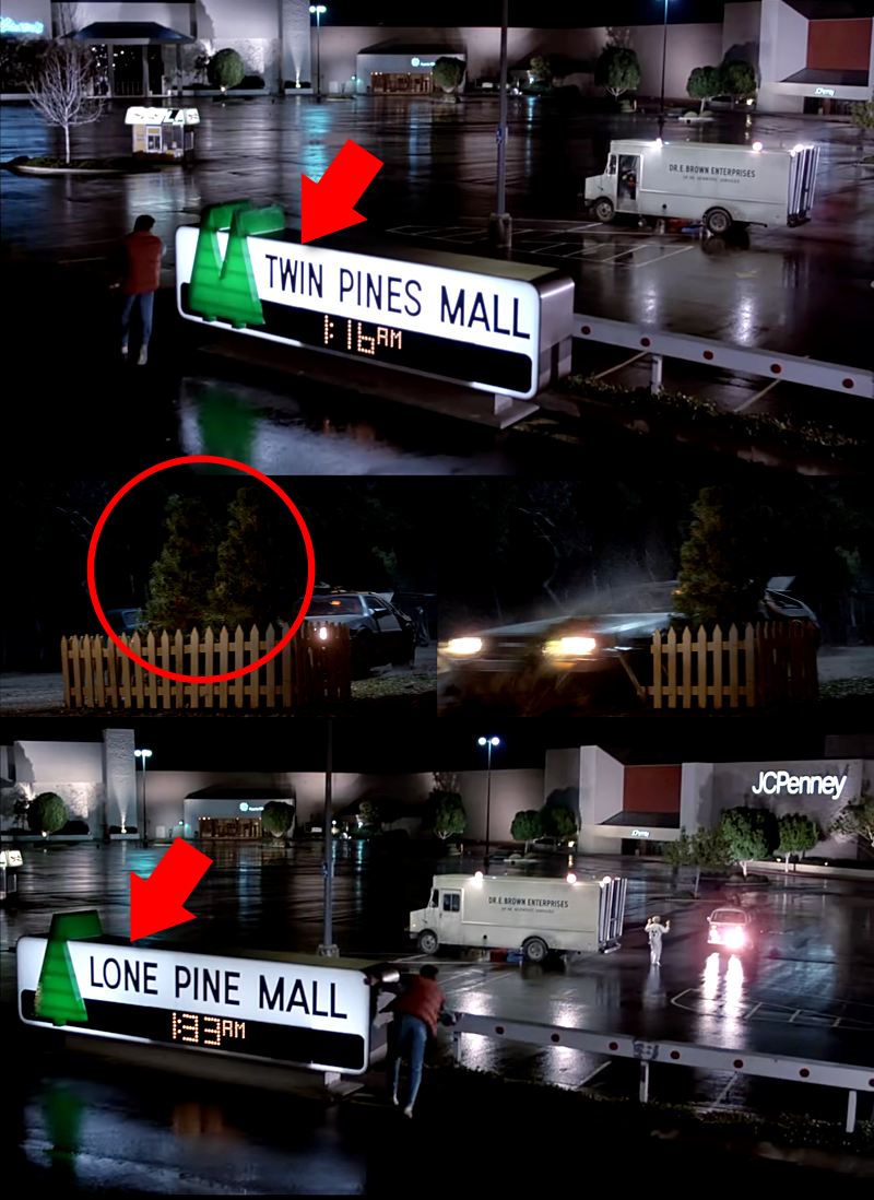 과거로 돌아가기 전 트윈 파인즈 몰이 현재로 돌아오니 어론 파인 몰로 바뀌어있는 디테일 장면