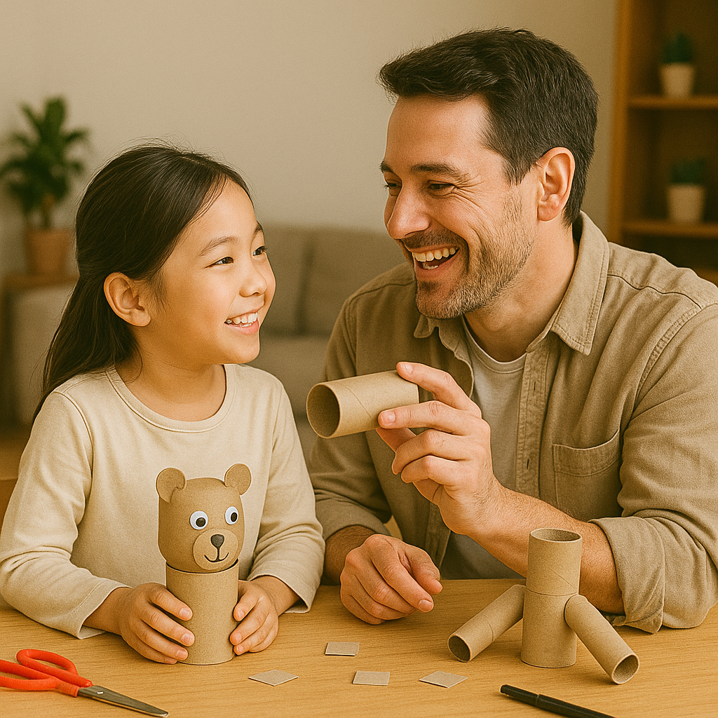 아빠랑 아이가 휴지심으로 동물 모형 만들고 있는 사진