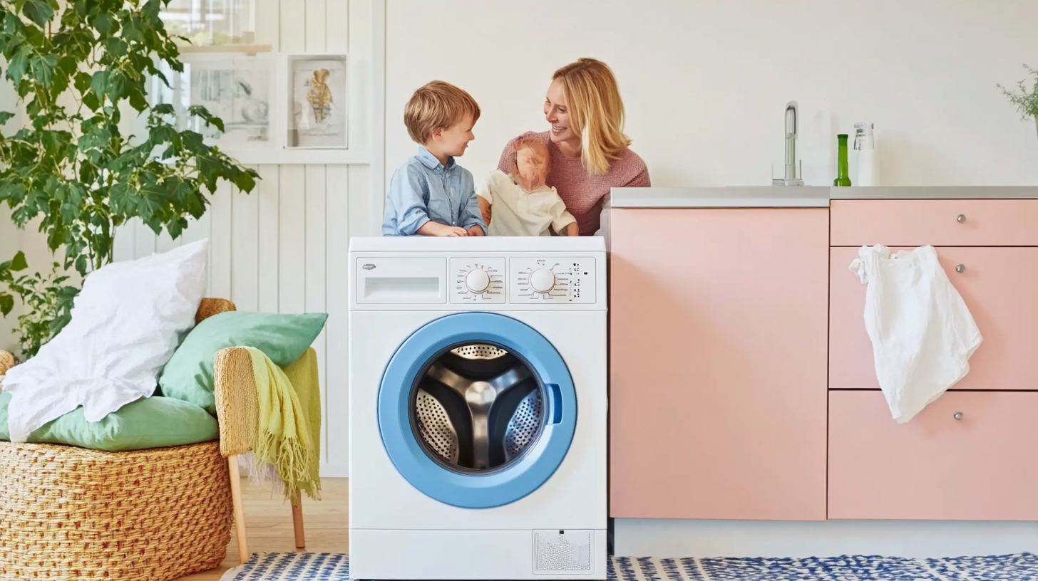 운영 중인 세탁기와 함께 조용한 가정 환경에서 즐거운 시간을 보내고 있는 가족의 모습, 따뜻한 조명으로 아늑한 분위기를 연출