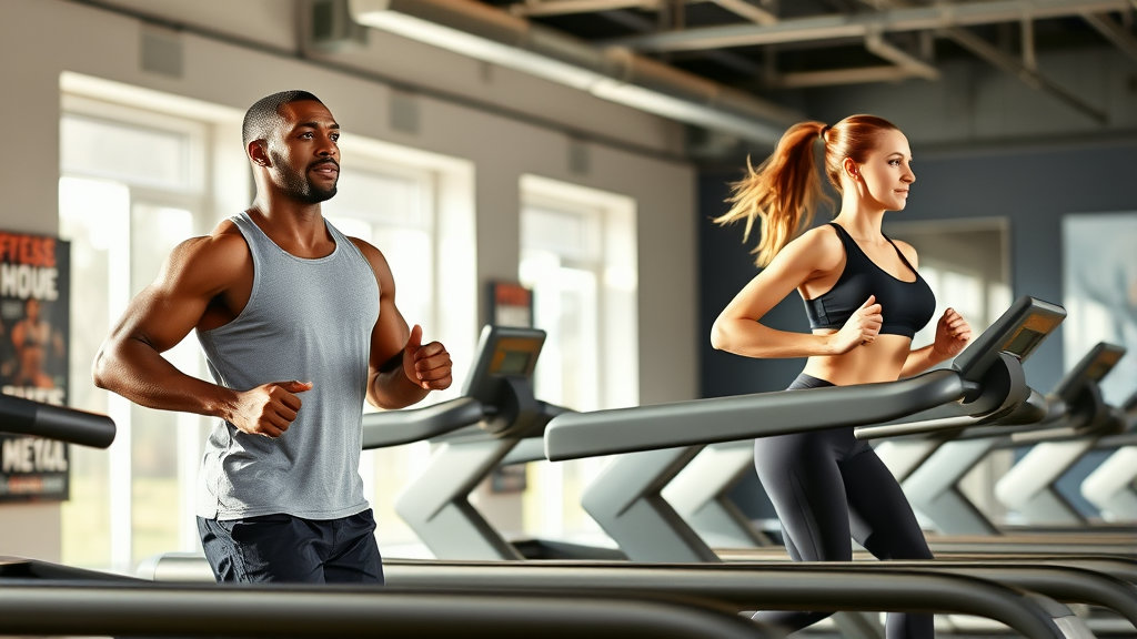런닌머신위의 건강한 남성과 여성